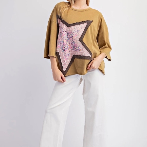 New Easel Star Top Women's Olive Patchwork Boho Shirt Top Pullover Plus Size - Picture 8 of 12